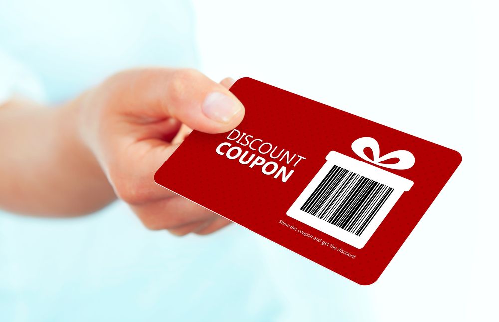 A red card that says "Discount Coupon"